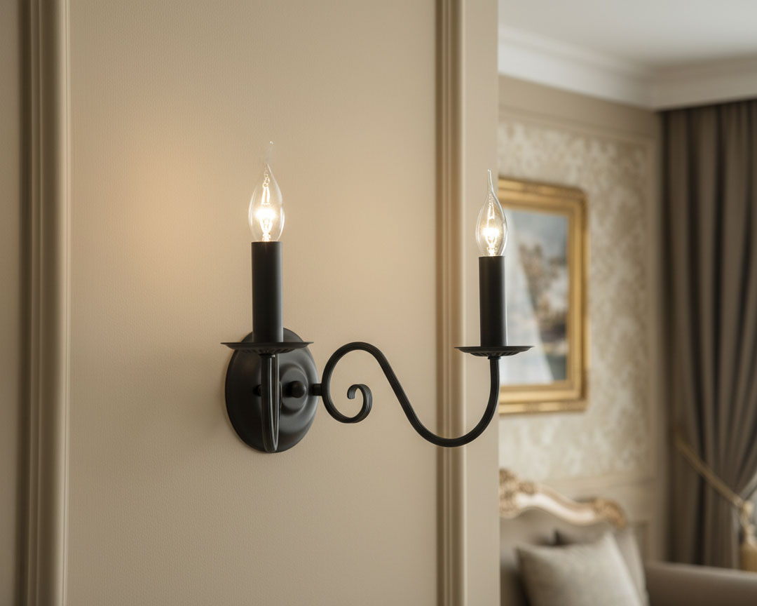 Czarny kinkiet Asti 2-punktowy z dwoma lampkami w kształcie świec. Uchwyt z dekoracyjnymi elementami, montowany na ścianie. W tle jasna ściana oraz elegancka aranżacja wnętrza.