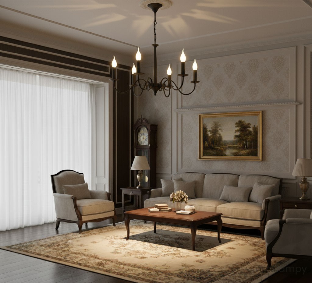 Asti żyrandol 6-punktowy w kolorze czarnym, z eleganckimi, prostymi ramionami i świecznikami, zawieszony w stylowym wnętrzu. Produkt o klasycznym designie, idealny do aranżacji salonów.