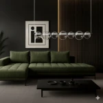 Lampa wisząca LED Atola 19W 4000K w kolorze czarnym, zawieszona nad zieloną kanapą, z sześcioma okrągłymi kloszami. Tło w odcieniach czerni i drewna, z grafiką na ścianie. Wnętrze nowoczesne, eleganckie.
