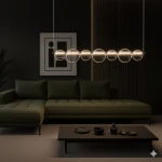 Lampa wisząca LED Atola 19W w kolorze czarnym, z sześcioma okrągłymi, przezroczystymi kloszami, zawieszona nad ciemnym stołem w nowoczesnym wnętrzu. W tle zielona sofa i grafika na ścianie. Oświetlenie o barwie 4000K.