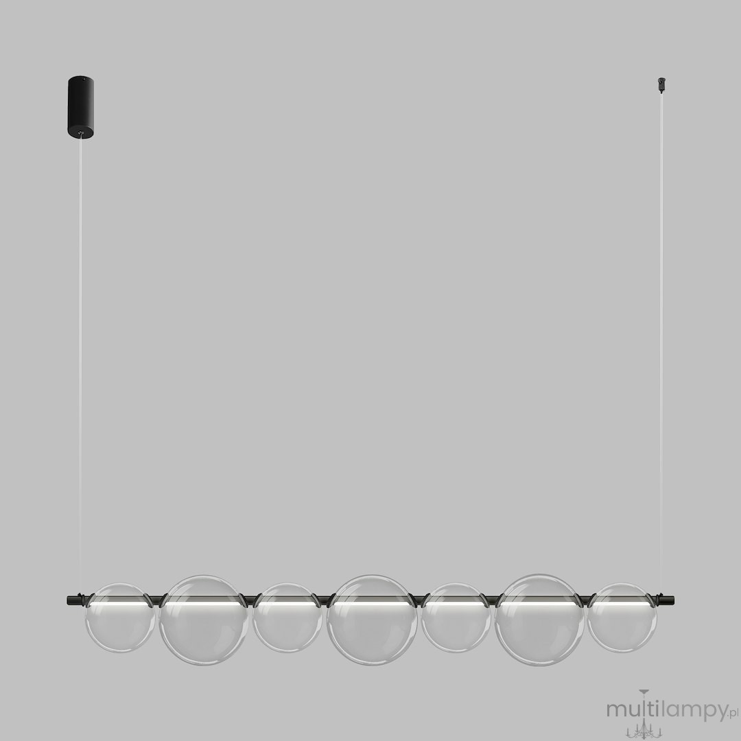 Lampa wisząca LED Atola 19W 4000K w kolorze czarnym. Posiada sześć przezroczystych, okrągłych kloszy zawieszonych na cienkich linkach. Ujęcie frontalne, produkt wisi na szarym tle.