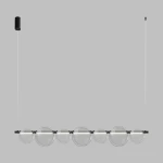 Lampa wisząca LED Atola 19W 4000K w kolorze czarnym. Posiada sześć przezroczystych, okrągłych kloszy zawieszonych na cienkich linkach. Ujęcie frontalne, produkt wisi na szarym tle.