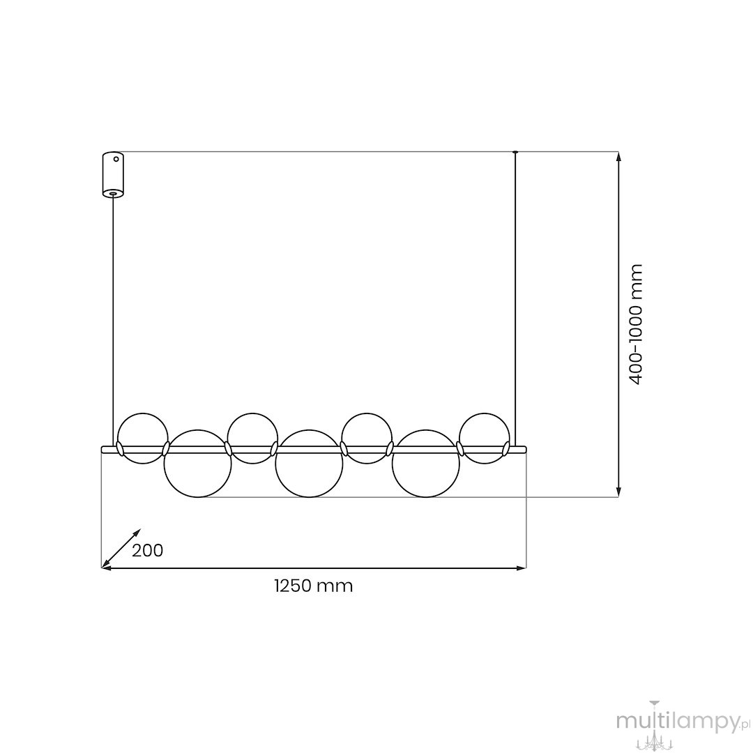 Lampa wisząca LED Atola 19W w kolorze czarnym. Posiada sześć okrągłych kloszy umieszczonych na prostokątnej podstawie. Wymiary: długość 1250 mm, szerokość 200 mm, regulowana wysokość 400-1000 mm. Prosty, nowoczesny design.