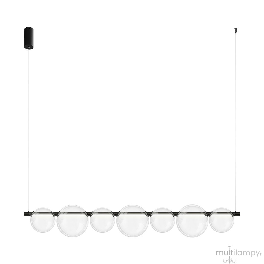 Lampa wisząca LED Atola 19W w kolorze czarnym z przezroczystymi kulami. Ujęcie frontalne, zawieszona na cienkim przewodzie. Dwa elementy mocujące w czerni, sześć szklanych kul w różnych rozmiarach, tworzących nowoczesną aranżację oświetleniową.