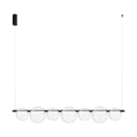Lampa wisząca LED Atola 19W w kolorze czarnym z przezroczystymi kulami. Ujęcie frontalne, zawieszona na cienkim przewodzie. Dwa elementy mocujące w czerni, sześć szklanych kul w różnych rozmiarach, tworzących nowoczesną aranżację oświetleniową.