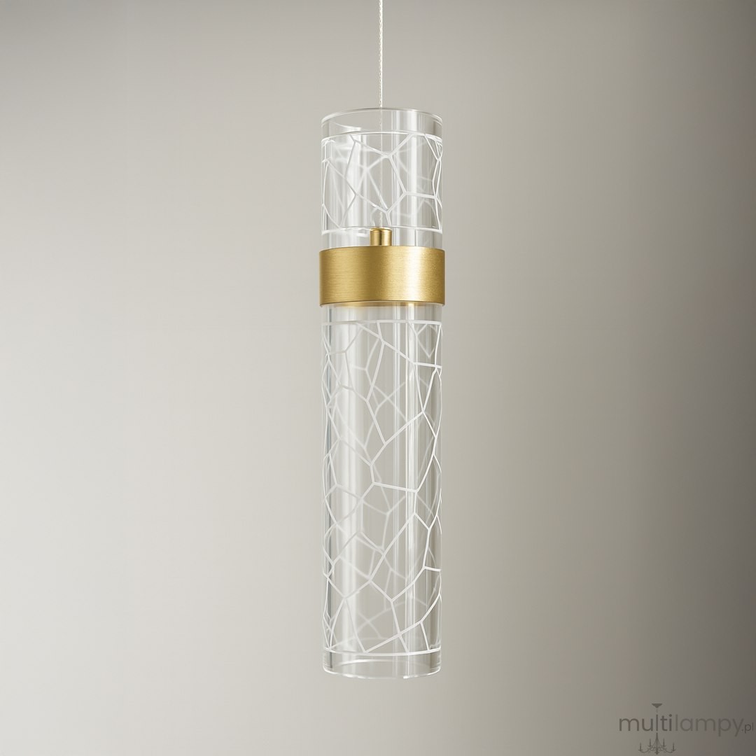 Lagos lampa wisząca LED 8W 4000K w złotej oprawie z przezroczystego szkła, z dekoracyjnym wzorem w białe linie. Produkt zawieszony w pionie, na jednolitym tle.