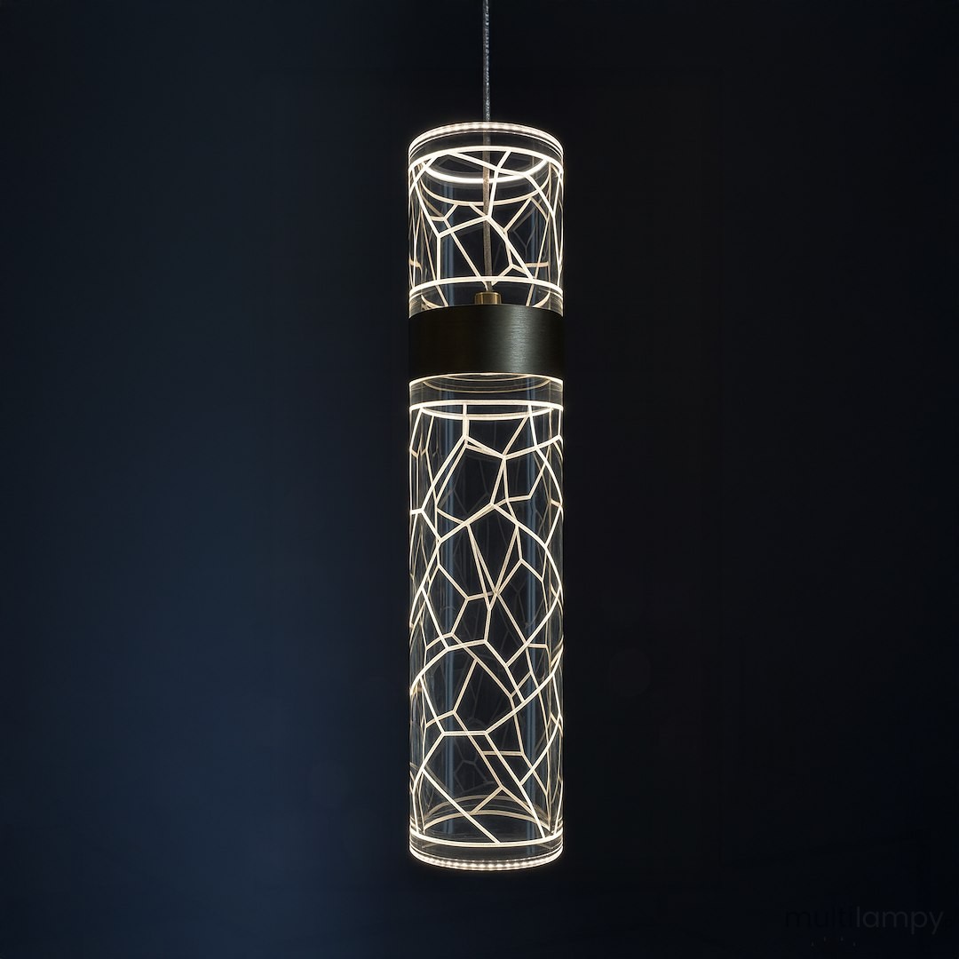 Lagos lampa wisząca LED 8W 4000K w złotym kolorze, o cylindrycznym kształcie z geometrycznym wzorem. Zawieszona na cienkim kablu, emituje ciepłe światło, idealna do nowoczesnych wnętrz. Tło ciemne, co podkreśla jej design.