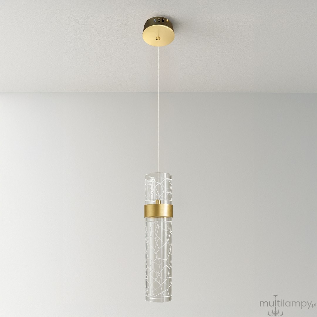Lagos lampa wisząca LED 8W 4000K w złotym kolorze. Szklany klosz z dekoracyjnym wzorem, zawieszony na cienkim przewodzie. Ujęcie frontalne, lampa w pozycji wiszącej, na jasnym tle.