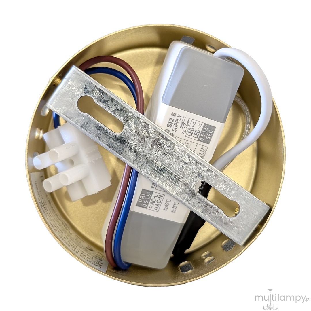Złota lampa wisząca LED Lagos o mocy 8W i temperaturze barwowej 4000K. Widok z góry, ukazuje metalową podstawę oraz zasilacz z widocznymi przewodami w kolorach brązowym, niebieskim i białym.
