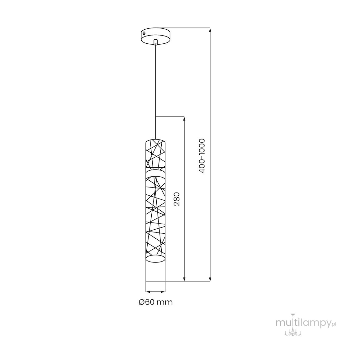 Lagos lampa wisząca LED 8W 4000K w kolorze złotym, z cylindrycznym kloszem o średnicy 60 mm i długości 280 mm, zawieszona na regulowanym przewodzie (400-1000 mm). Klosz zdobiony geometrycznym wzorem.