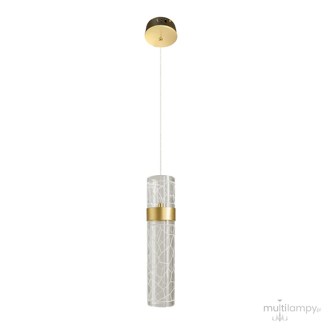 Lampa wisząca LED Lagos o mocy 8W, w kolorze złotym, z przezroczystym kloszem z dekoracyjnym wzorem. Wisi na białym przewodzie, z metalowym sufitem. Temperatura barwowa 4000K.