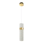 Lampa wisząca LED Lagos o mocy 8W, w kolorze złotym, z przezroczystym kloszem z dekoracyjnym wzorem. Wisi na białym przewodzie, z metalowym sufitem. Temperatura barwowa 4000K.