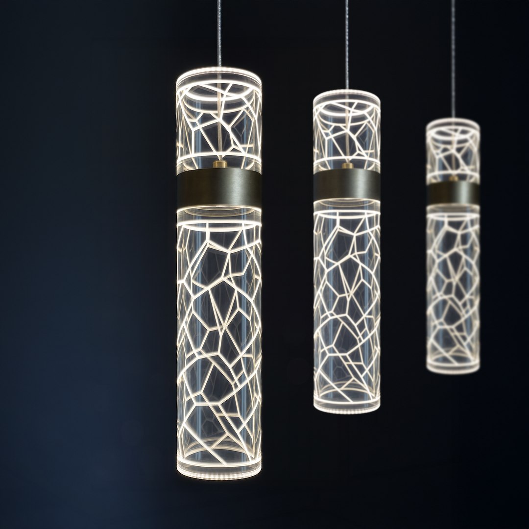 Lagos lampa wisząca LED 24W 4000K w złotym wykończeniu, składająca się z trzech cylindrycznych kloszy z przezroczystego materiału, z geometrycznym wzorem, zawieszona na cienkich linkach. Oświetlenie emituje ciepłe światło.