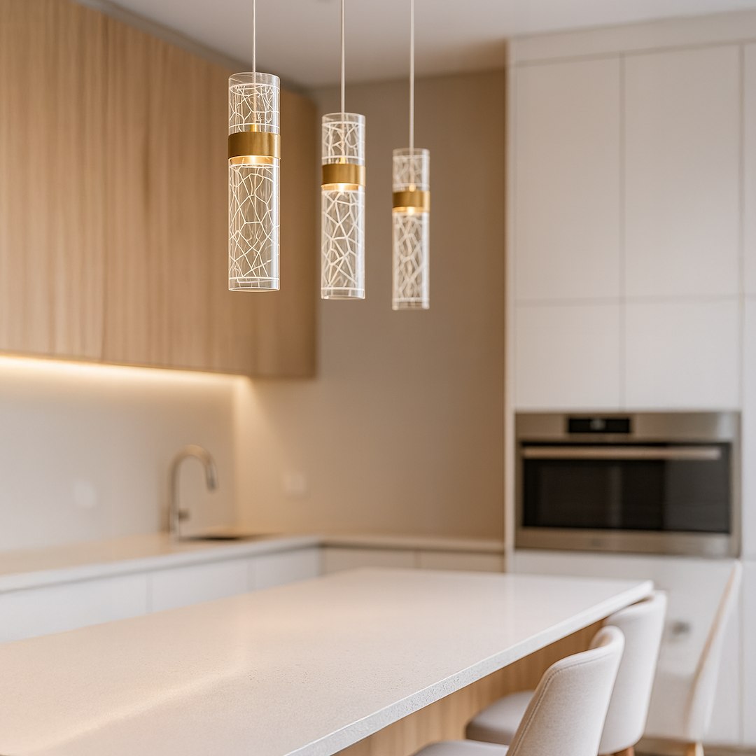 Lagos lampa wisząca LED 24W 4000K w złotej oprawie, składająca się z trzech cylindrycznych kloszy z przezroczystym wzorem. Zawieszona nad białym blatem w nowoczesnej kuchni.