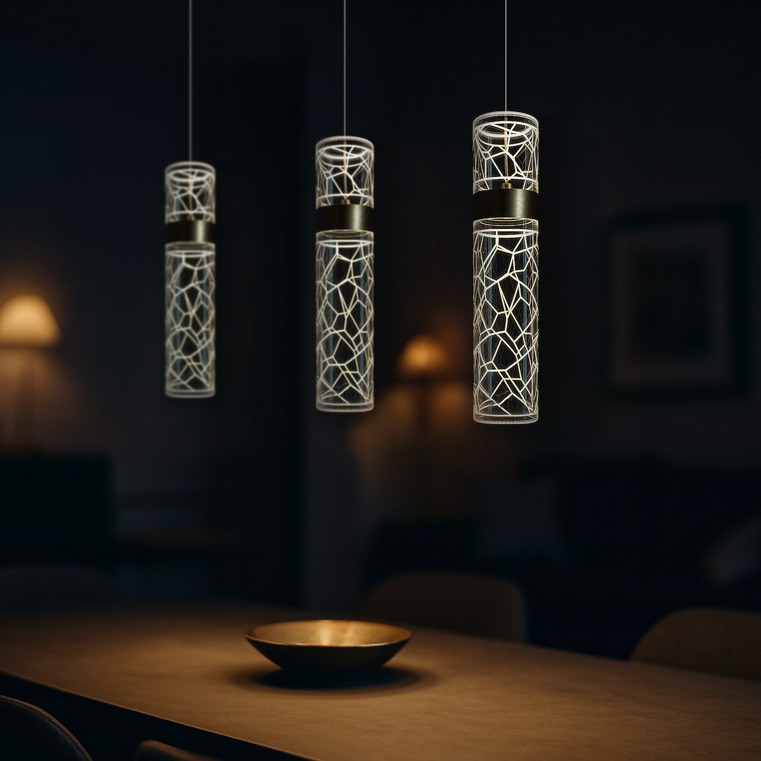Lagos lampa wisząca LED 24W 4000K w złotej oprawie. Trzy cylindryczne klosze z geometrycznym wzorem, zawieszone na cienkich linkach. Lampa oświetla stół, tworząc nowoczesną atmosferę. Tło ciemne, z rozmytymi elementami aranżacji wnętrza.
