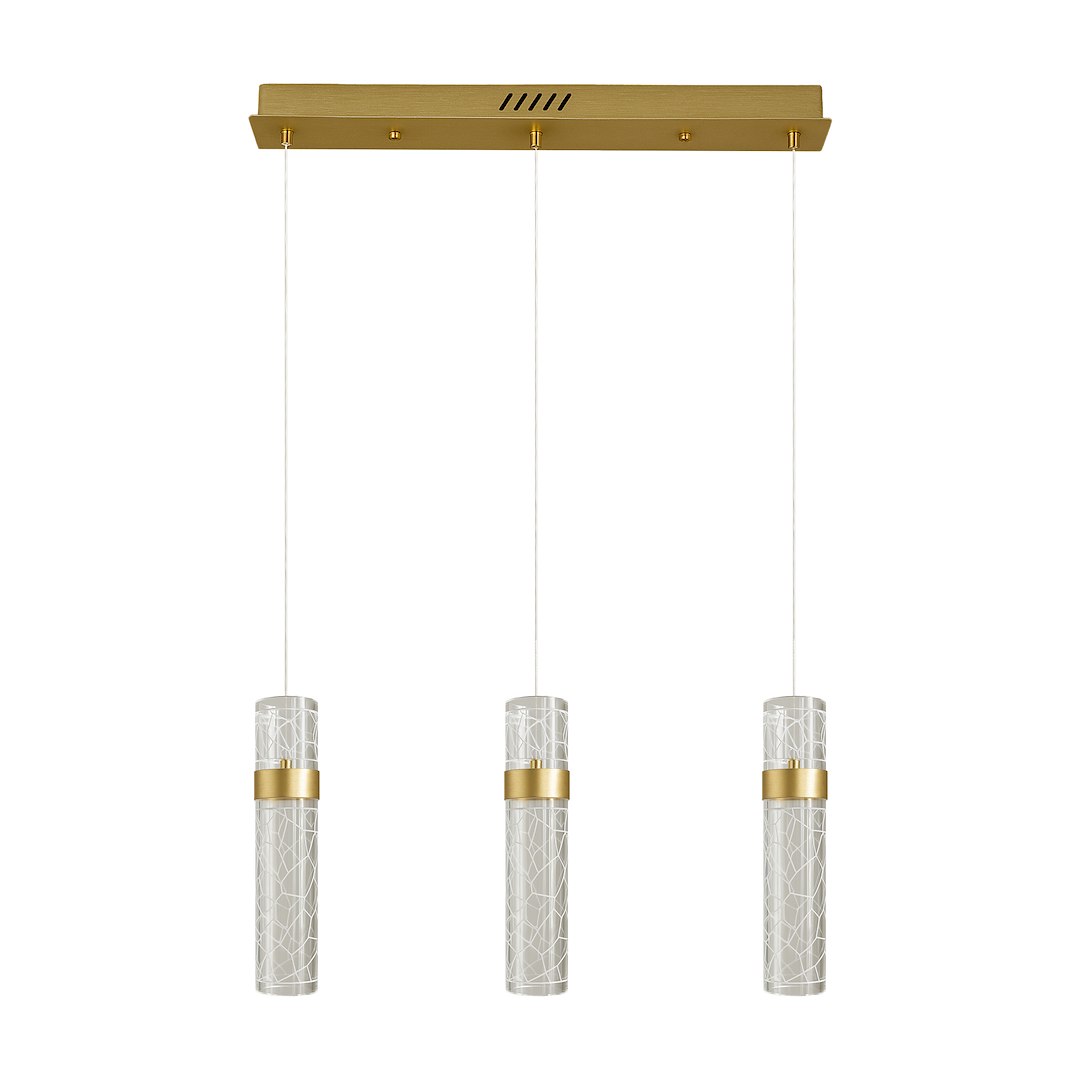 Lagos lampa wisząca LED 24W 4000K w złotym kolorze z trzema szklanymi kloszami o geometrycznym wzorze. Montaż na płaskiej, złotej płycie sufitowej, kable w białym kolorze. Idealna do nowoczesnych wnętrz.