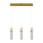 Lagos lampa wisząca LED 24W 4000K w złotym kolorze z trzema szklanymi kloszami o geometrycznym wzorze. Montaż na płaskiej, złotej płycie sufitowej, kable w białym kolorze. Idealna do nowoczesnych wnętrz.