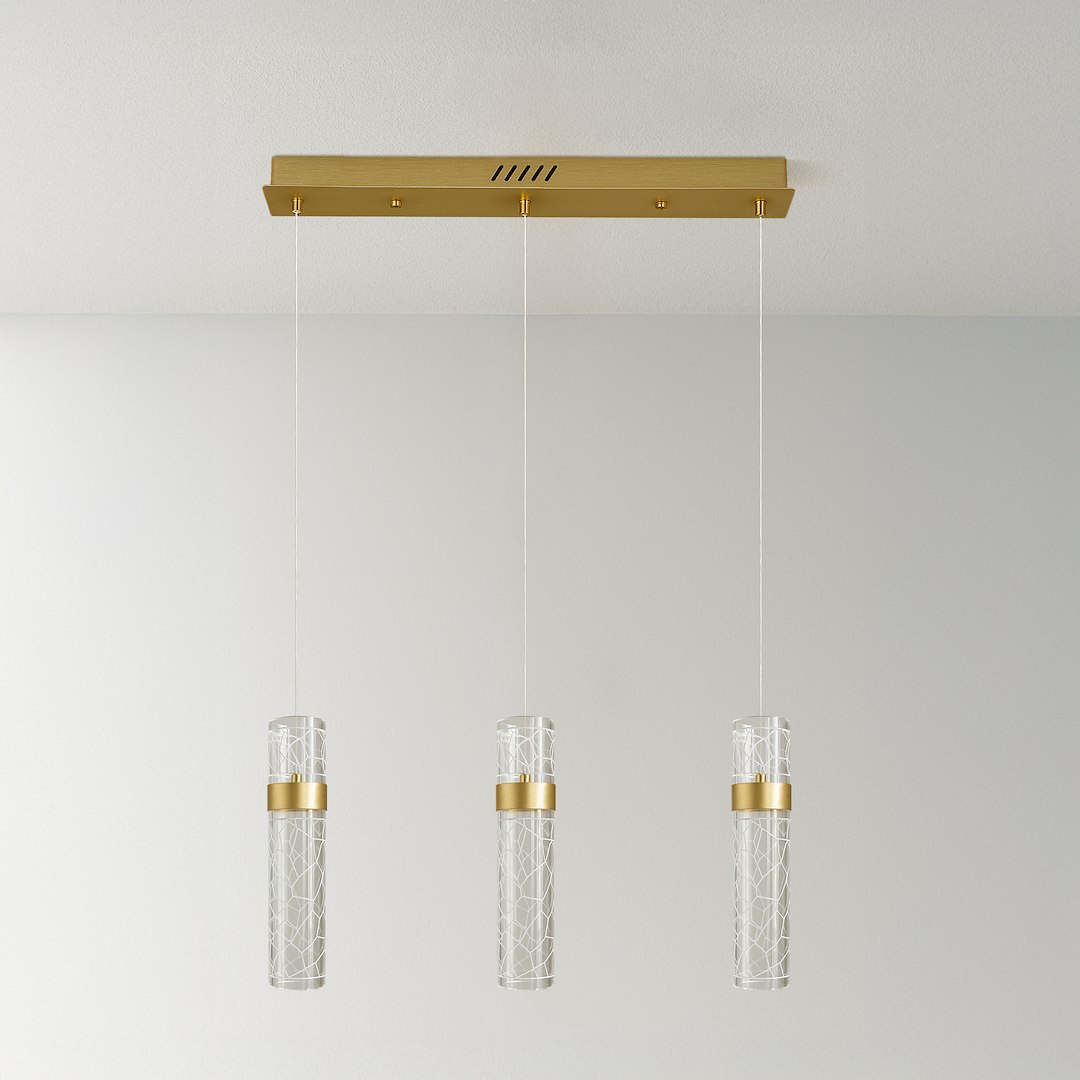 Lagos lampa wisząca LED 24W 4000K w złotej oprawie, z trzema szklanymi kloszami o cylindrycznym kształcie, zawieszona na cienkich linkach, umieszczona na złotej podstawie sufitowej. Klosze mają delikatny, geometryczny wzór.