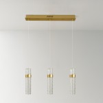 Lagos lampa wisząca LED 24W 4000K w złotej oprawie, z trzema szklanymi kloszami o cylindrycznym kształcie, zawieszona na cienkich linkach, umieszczona na złotej podstawie sufitowej. Klosze mają delikatny, geometryczny wzór.