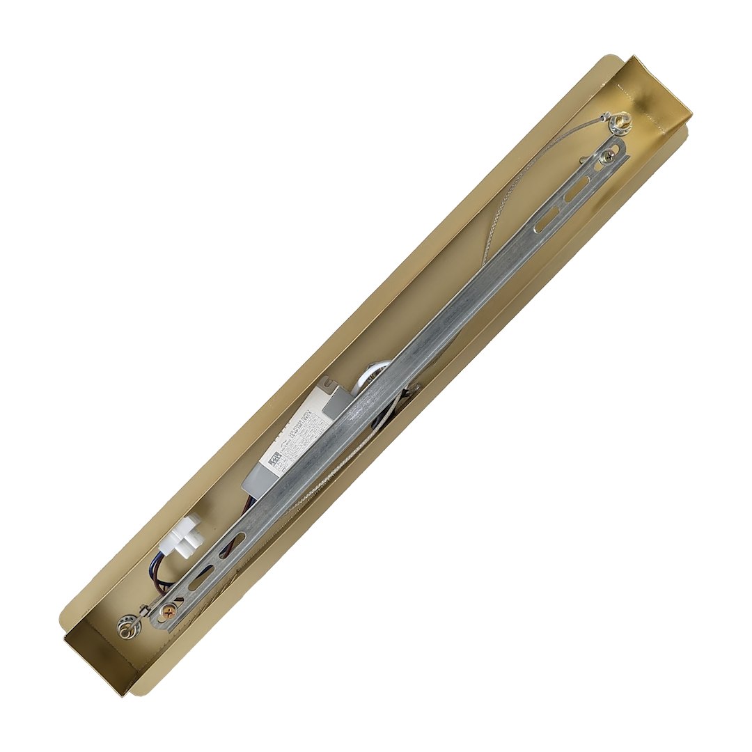 Lagos lampa wisząca LED 24W 4000K w kolorze złotym, w długim, prostokątnym kształcie. Widoczne elementy: metalowa obudowa, przewody oraz złącza. Lampa montowana na suficie, z widocznymi detalami instalacyjnymi.