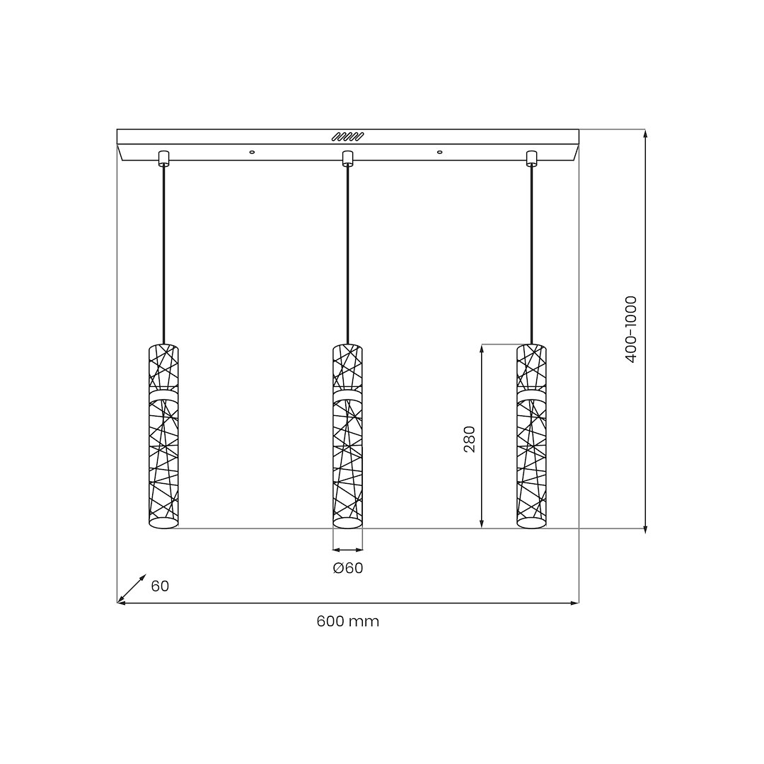 Lagos lampa wisząca LED 24W 4000K w kolorze złotym, składająca się z trzech cylindrycznych kloszy o średnicy 60 mm, zawieszonych na regulowanych linkach. Wymiary: długość 600 mm, wysokość od 400 do 1000 mm. Wzór kloszy w geometryczne linie.