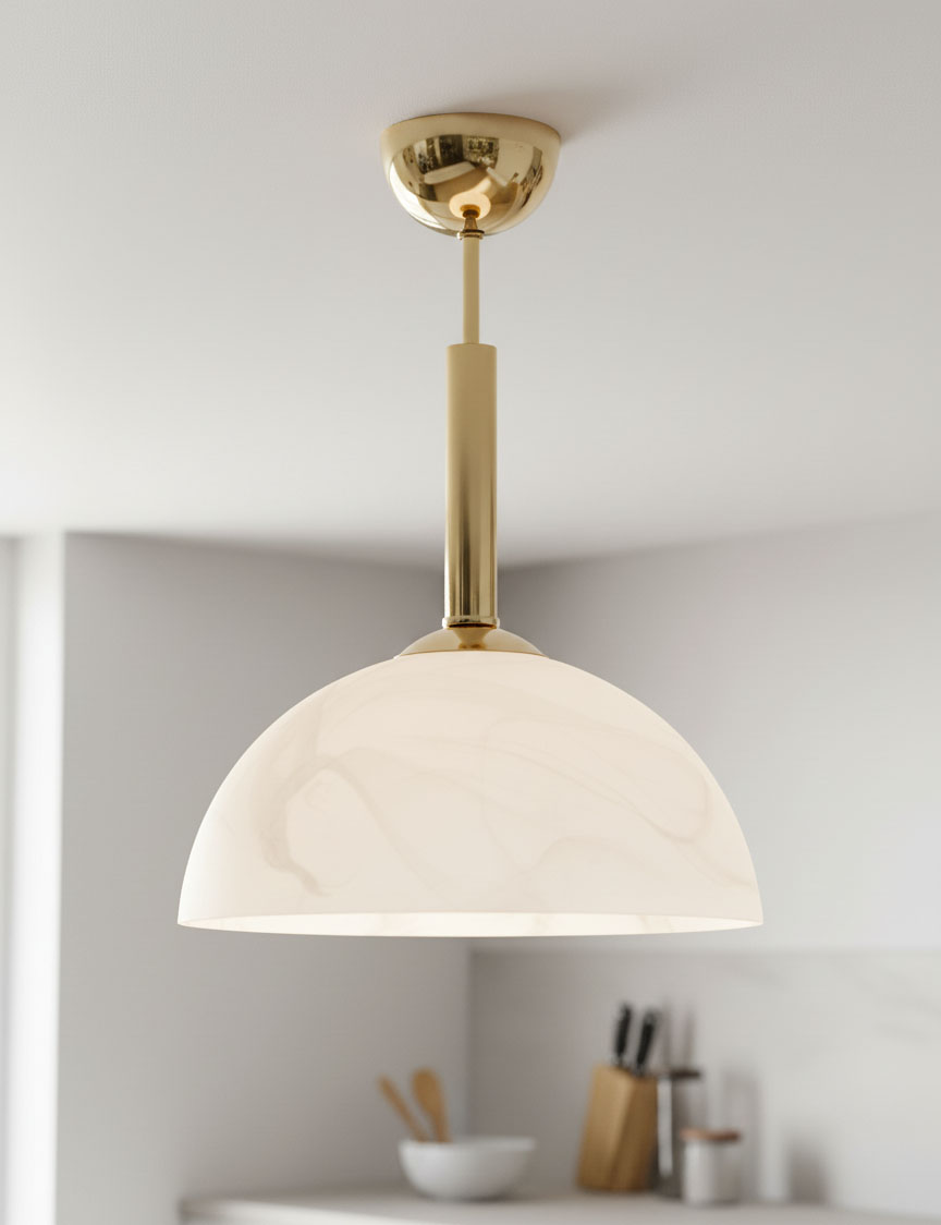 Lampa wisząca Klara z metalowym, złotym wykończeniem. Klosz w kształcie półkuli w delikatnym, mlecznym odcieniu. Montowana pod sufitem, z długim metalowym ramieniem. Idealna do nowoczesnych wnętrz.
