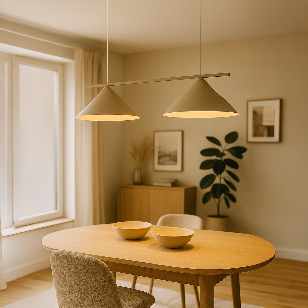 Lampa wisząca Capital 2xGX53 w kolorze taupe, z dwoma stożkowymi kloszami. Zawieszona na prostym metalowym stelażu, w nowoczesnym wnętrzu z drewnianym stołem, jasnymi oknami i rośliną w tle. Idealna do jadalni.