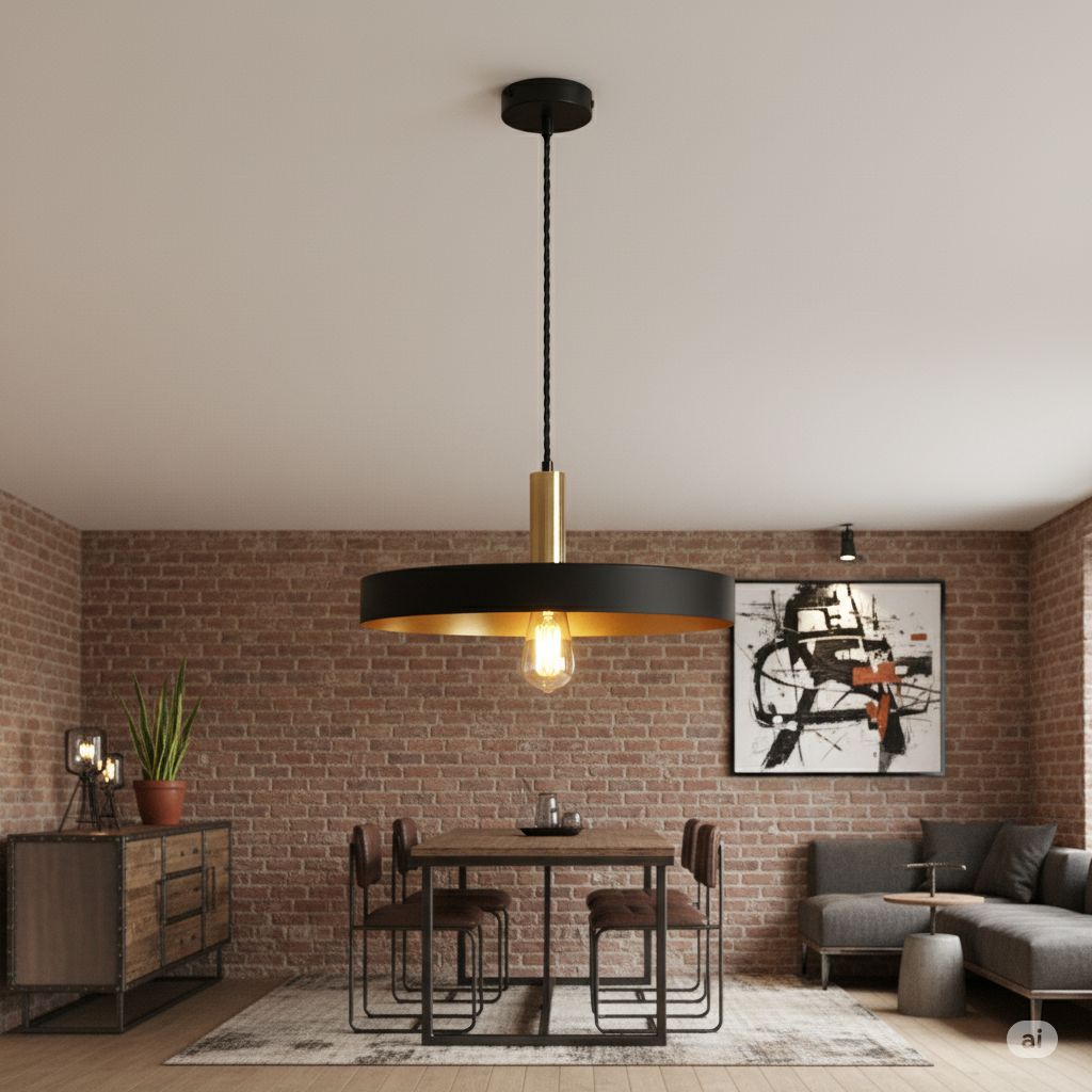 Lampa wisząca Dario 1xE27 w kolorze czarnym i złotym, o okrągłym kształcie, zawieszona na czarnym przewodzie. Widoczna żarówka w centralnej części. Otoczenie to nowoczesna jadalnia z drewnianym stołem, krzesłami i ceglaną ścianą.