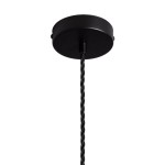 Lampa wisząca Dario z jednym gniazdem E27, z czarnym, metalowym stelażem oraz plecionym kablem. Ujęcie z dołu, pokazujące sufitowy uchwyt i zwisający kabel, bez widocznej żarówki. Prosta forma w kolorze czarnym, idealna do nowoczesnych wnętrz.