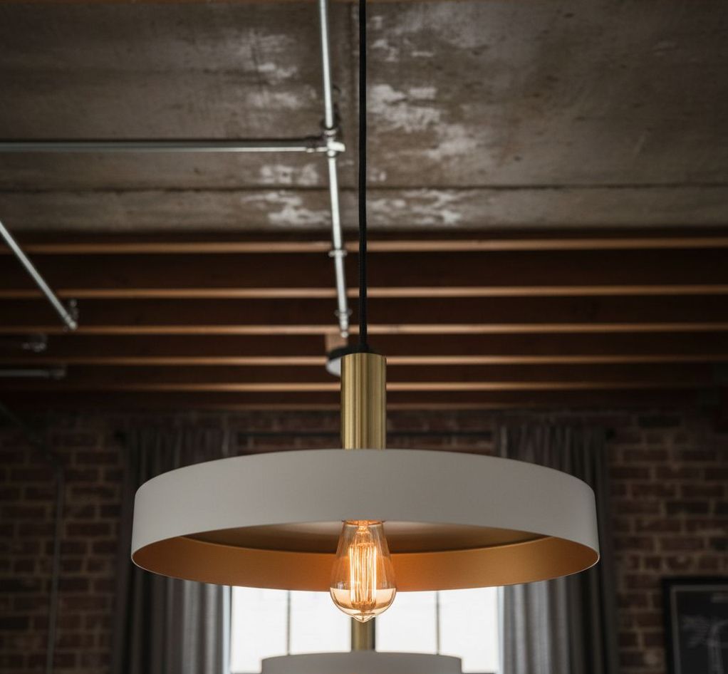 Lampa wisząca Dario z jedną oprawą E27 w kolorze białym z wewnętrzną złotą powłoką. Zawieszona na czarnym przewodzie, o okrągłym kształcie, z widoczną żarówką. Ujęcie z dołu, ukazujące detale konstrukcji oraz efektowne wykończenie.