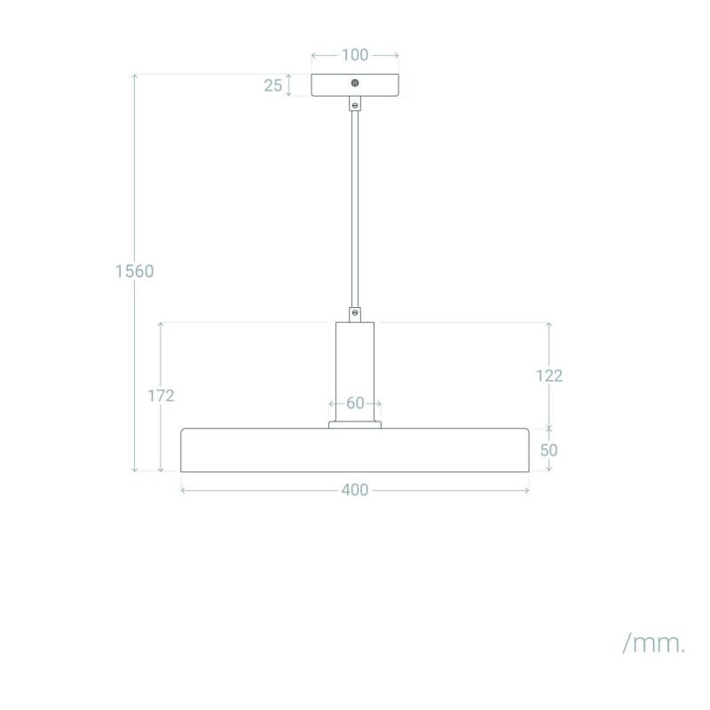 Lampa wisząca Dario w kolorze białym i złotym, z oprawką na żarówkę E27. Prosta, prostokątna forma z wymiarami 400 mm długości i 50 mm wysokości, zawieszona na cienkim przewodzie. Wysokość całkowita wynosi 1560 mm.