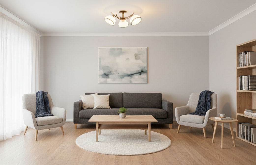 Lampa sufitowa Altea 3-punktowa w kolorze patyny, z trzema okrągłymi kloszami, zamontowana na suficie. Widoczna w nowoczesnym wnętrzu z szarym sofą, drewnianym stołem i regałem z książkami. Oświetlenie daje ciepłe światło, tworząc przytulną atmosferę.