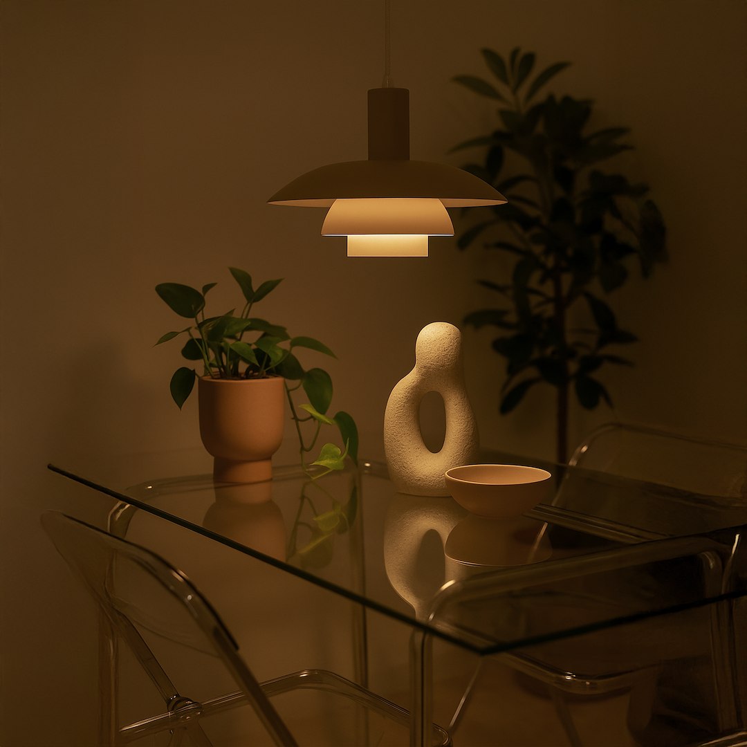 Lampa wisząca Ferro 1xE27 w kolorze kaszmiru, z dwiema warstwami klosza, zawieszona nad szklanym stołem. W tle roślina w doniczce oraz dekoracyjna figura. Atmosfera przytulna, ciepłe światło.