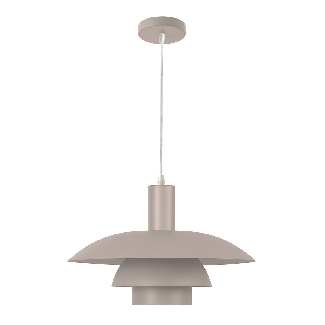 Lampa wisząca Ferro w kolorze kaszmiru, z metalową konstrukcją. Posiada trzy warstwy o różnych kształtach, z centralnym mocowaniem na żarówkę E27. Zawieszona na białym przewodzie, umieszczona na jednolitym tle.