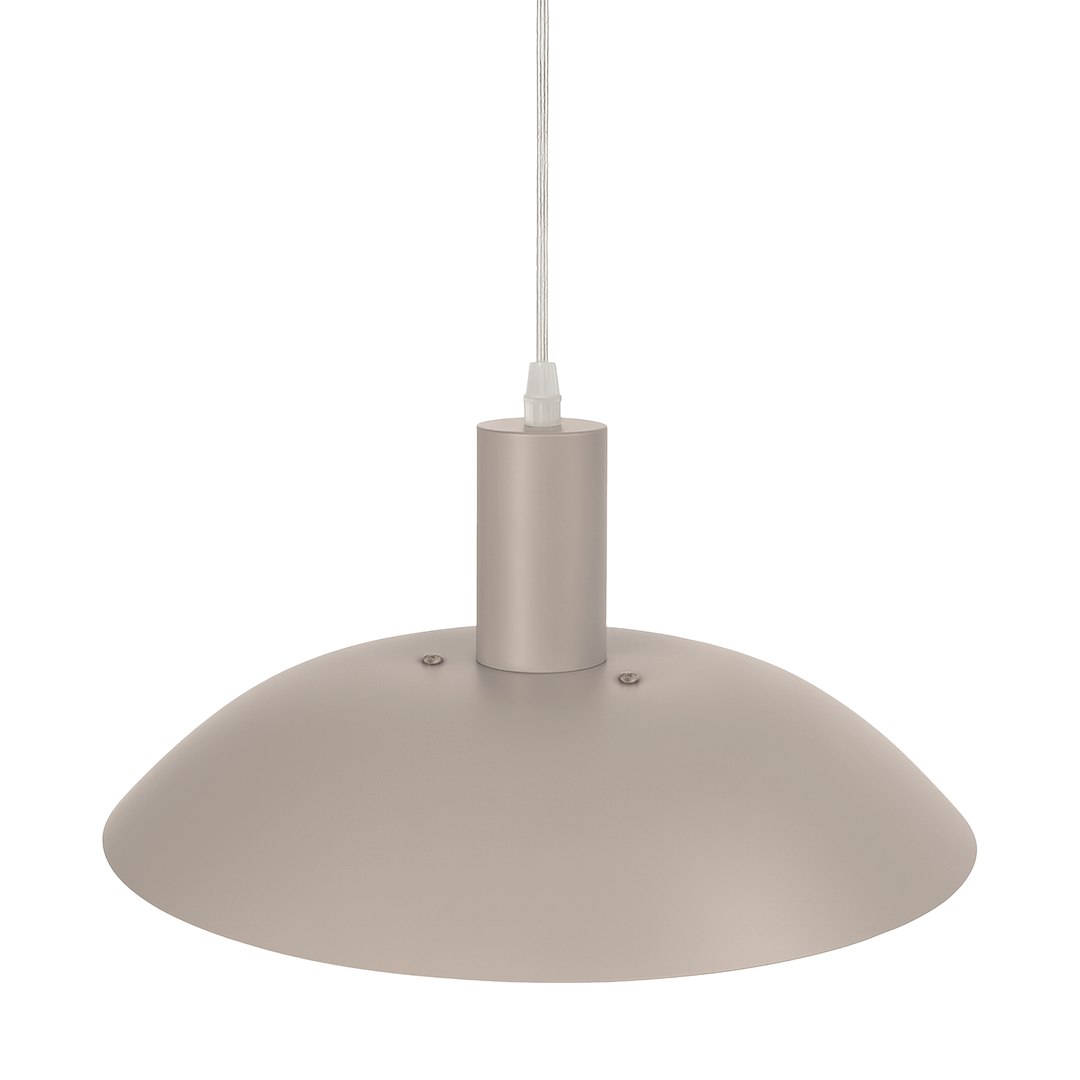 Lampa wisząca Ferro w kolorze kaszmir, z jedną oprawą E27. Posiada szeroką, płaską czaszę w kształcie półkuli oraz cylindryczny uchwyt montażowy. Zawieszona na białym kablu, idealna do nowoczesnych wnętrz.