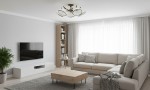 Lampa sufitowa Altea 5-punktowa w kolorze patynowym, z okrągłymi kloszami. Ujęcie z dołu, lampa zamontowana na suficie w nowoczesnym wnętrzu, z jasnymi zasłonami i minimalistycznym umeblowaniem.