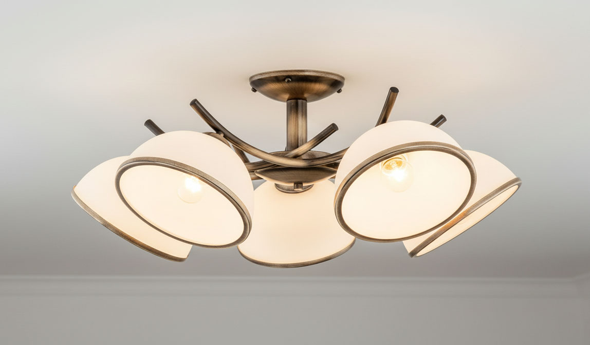 Lampa sufitowa Altea 5-punktowa w kolorze patyny. Posiada pięć białych kloszy z metalowym wykończeniem, umieszczonych na stylowej konstrukcji. Ujęcie z góry, ukazujące detale lampy oraz jej nowoczesny design.