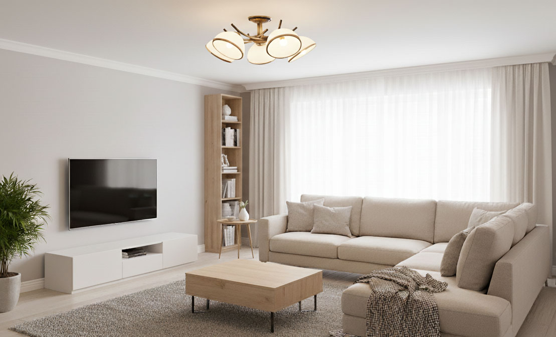 Lampa sufitowa Altea 5-punktowa w kolorze patyny, z okrągłymi kloszami w odcieniach białego, zamontowana na suficie w jasnym salonie. Oświetlenie rozproszone, w tle widoczna jasna kanapa oraz telewizor.