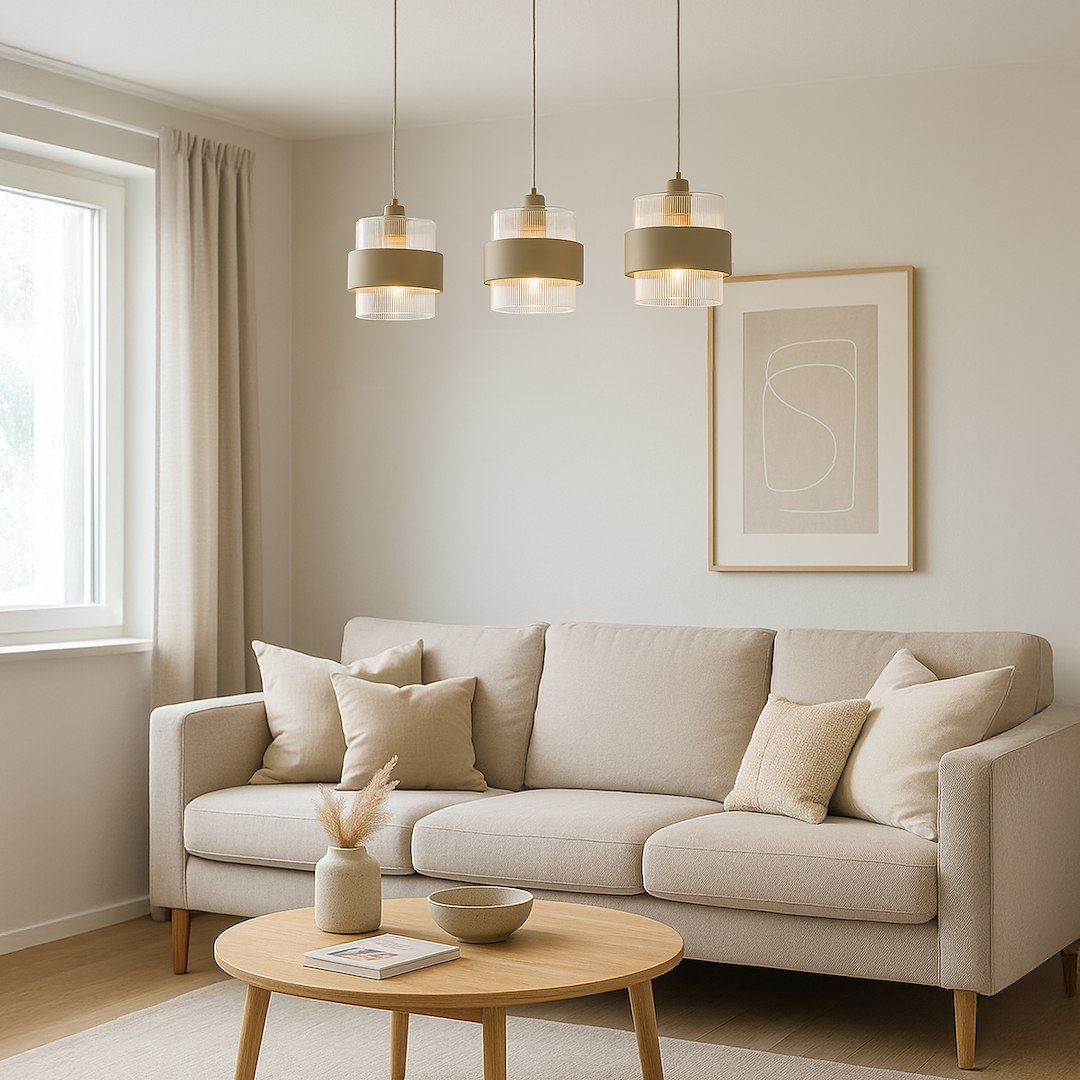 Lampa wisząca Valentino w kolorze beżowym z trzema źródłami światła E27. Ujęcie z góry, zawieszona nad stołem w minimalistycznym wnętrzu z jasnymi ścianami i sofą. Szklane klosze w kształcie cylindrów, metalowe detale.