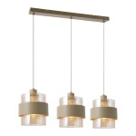 Beżowa lampa wisząca Valentino z trzema kloszami E27, zawieszona na cienkich linkach. Klosze mają przezroczyste, teksturowane obudowy z metalowymi detalami. Lampa zamontowana na prostokątnej podstawie.