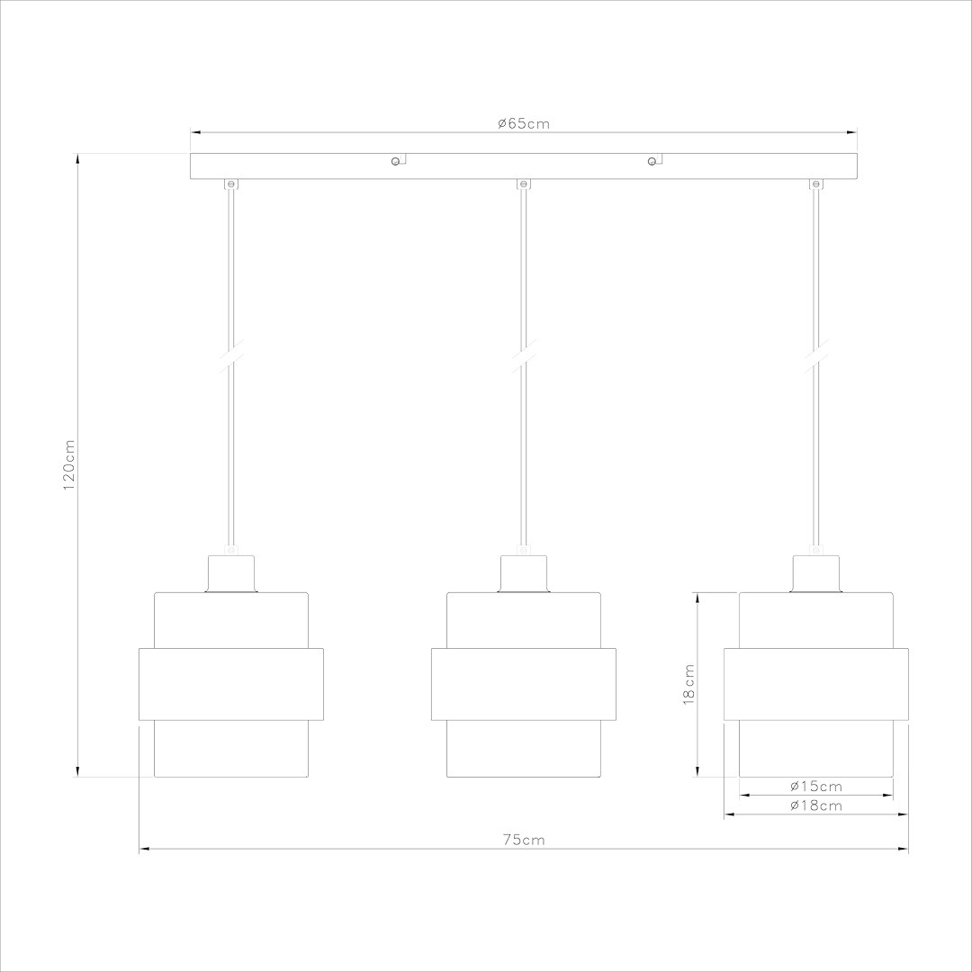 Lampa wisząca Valentino 3xE27 w kolorze beżowym, z trzema kloszami o średnicy 15 cm i 18 cm. Ułożona na prostokątnej podstawie o długości 75 cm, zawieszona na regulowanych linkach. Wysokość całkowita 120 cm.