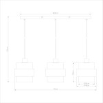 Lampa wisząca Valentino 3xE27 w kolorze beżowym, z trzema kloszami o średnicy 15 cm i 18 cm. Ułożona na prostokątnej podstawie o długości 75 cm, zawieszona na regulowanych linkach. Wysokość całkowita 120 cm.