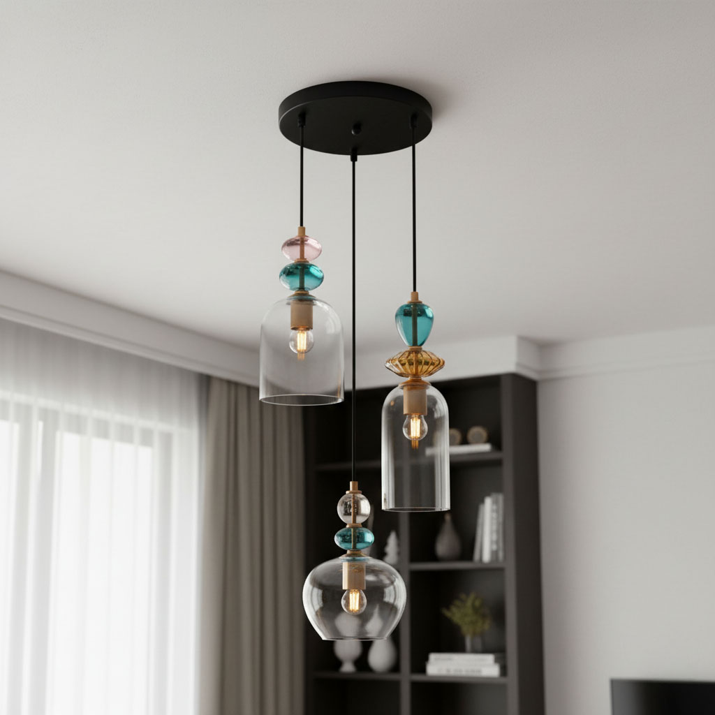 Lampa wisząca Busco z trzema kloszami E27 w odcieniach czerni, dymionego szkła oraz kolorowych akcentów. Zawieszona na czarnych linkach, z okrągłą podstawą sufitową, prezentuje nowoczesny design w jasnym wnętrzu.