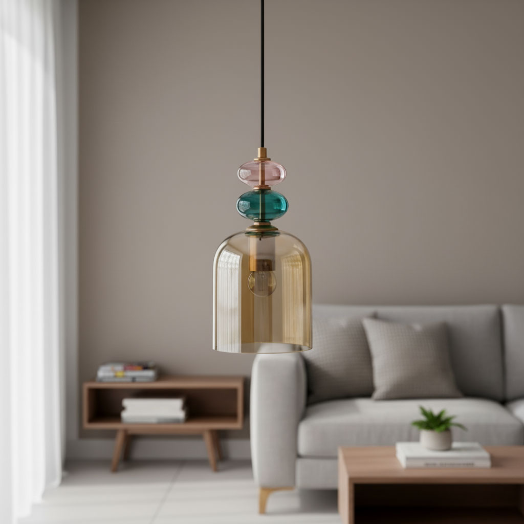 Lampa wisząca Busco 1xE27 w kolorze czarnym z bursztynowym kloszem. Ujęcie z bliska, zawieszona na czarnym przewodzie. Klosz ma zaokrąglony kształt, a powyżej znajdują się dekoracyjne, kolorowe elementy szklane w odcieniach różu i zieleni.