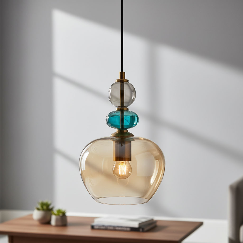 Lampa wisząca Busco z jedną oprawą E27, w kolorze czarnym z bursztynowym kloszem. Klosz ma kształt owalny, z przezroczystymi akcentami w kolorze niebieskim i szarym. Zawieszona na cienkim czarnym przewodzie, idealna do nowoczesnych wnętrz.