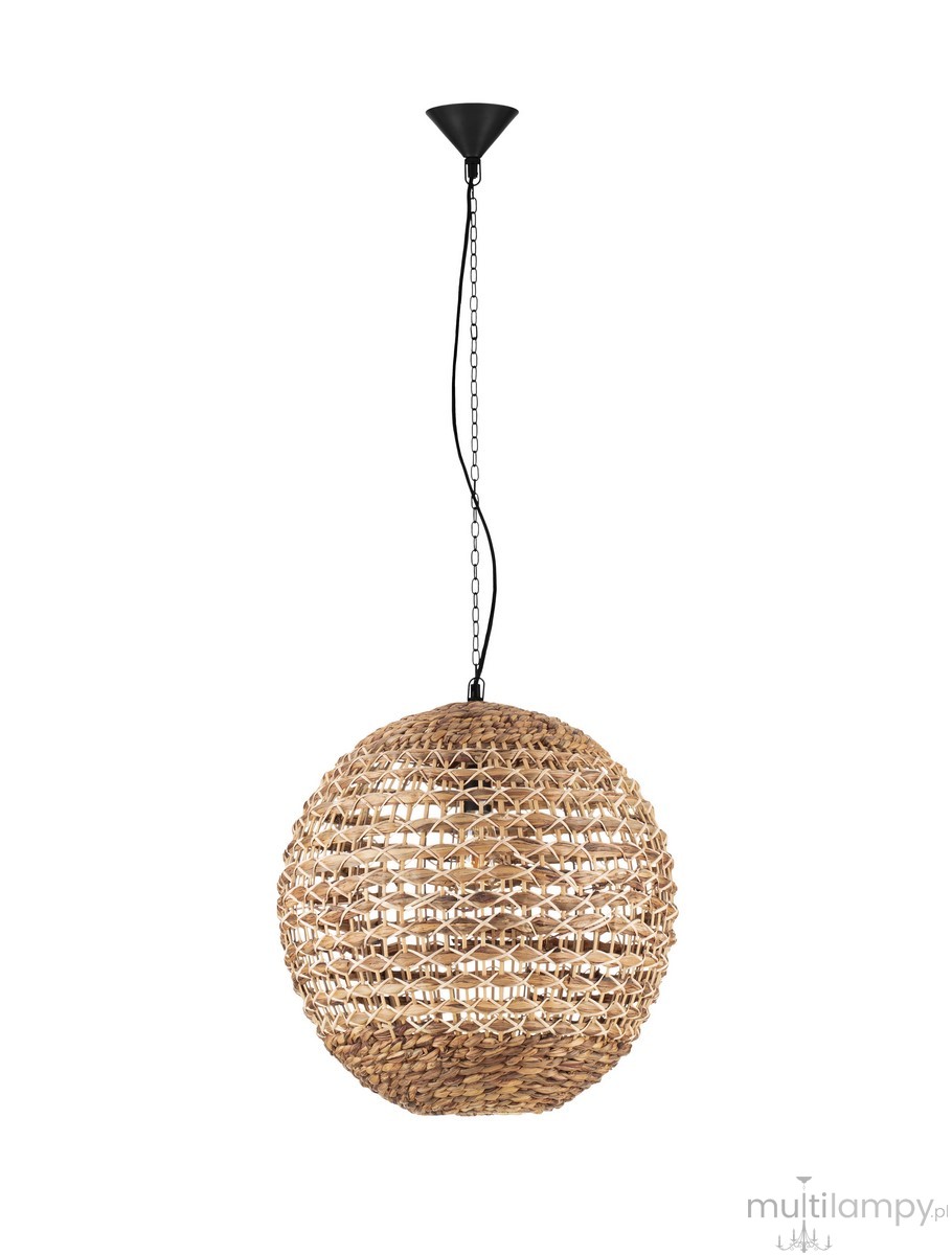 Lampa wisząca Guardia w kształcie kuli, wykonana z hiacyntu wodnego w kolorze naturalnym, zawieszona na czarnym łańcuchu i podsufitce. Stylowy design z plecionką, idealna do nowoczesnych wnętrz.