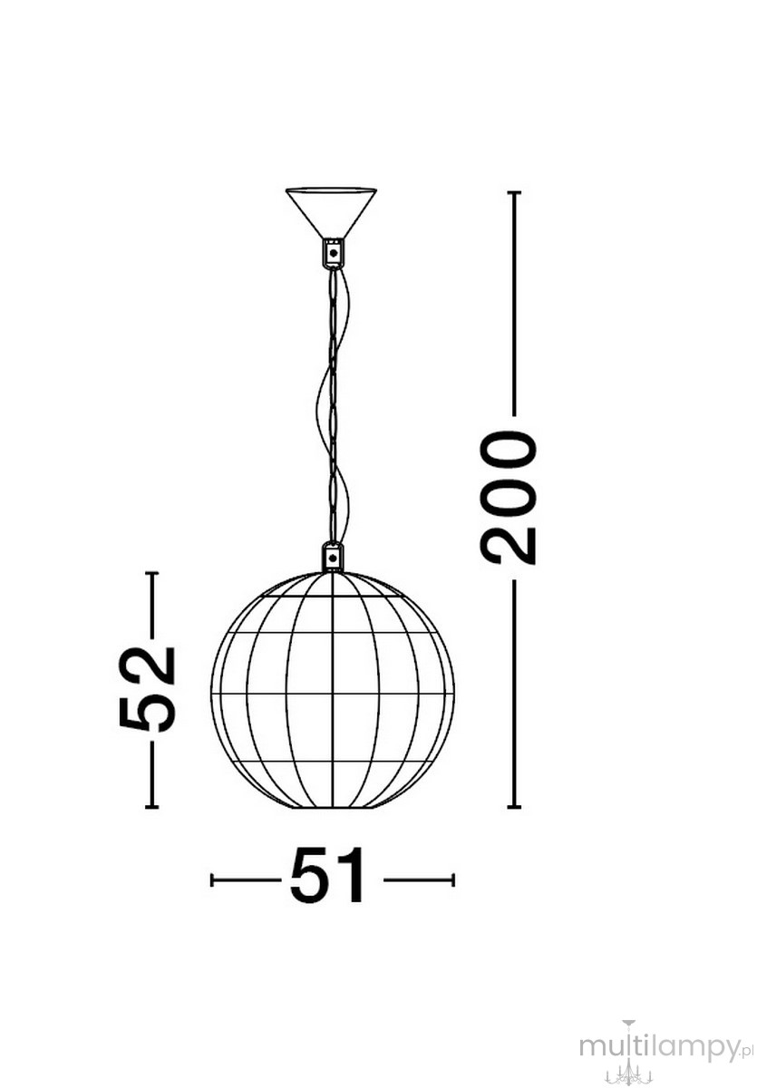 Lampa wisząca Guardia 1xE27 w kolorze czarnym, o średnicy 51 cm i wysokości 52 cm. Kształt sferyczny z widoczną spiralną linką, zawieszona na wysokości 200 cm. Prosty, nowoczesny design bez dodatkowych zdobień.