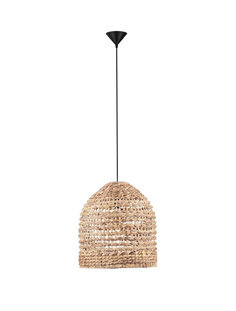 Lampa wisząca Guardia z czarnym mocowaniem, wykonana z hiacyntu wodnego w naturalnym kolorze. Okrągła, pleciona konstrukcja, zwisająca na długim przewodzie. Idealna do nowoczesnych aranżacji wnętrz.