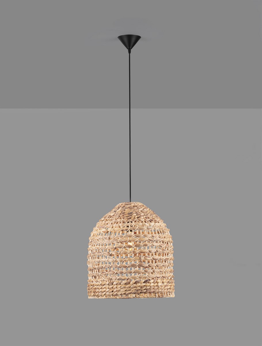 Lampa wisząca Guardia z kloszem z hiacyntu wodnego w kształcie stożka, w kolorze naturalnym. Zawieszona na czarnym przewodzie, z metalowym mocowaniem sufitowym. Idealna do nowoczesnych wnętrz.