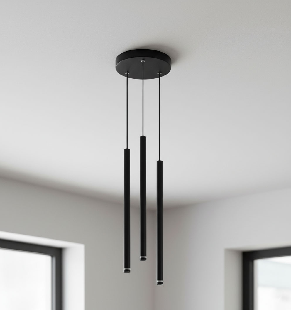 Okrągła lampa wisząca Piero w kolorze czarnym, z trzema zwisającymi rurkami o cylindrycznym kształcie. Lampa zawieszona na cienkich linkach, zamontowana do sufitu. Prosty, nowoczesny design pasujący do różnych wnętrz.